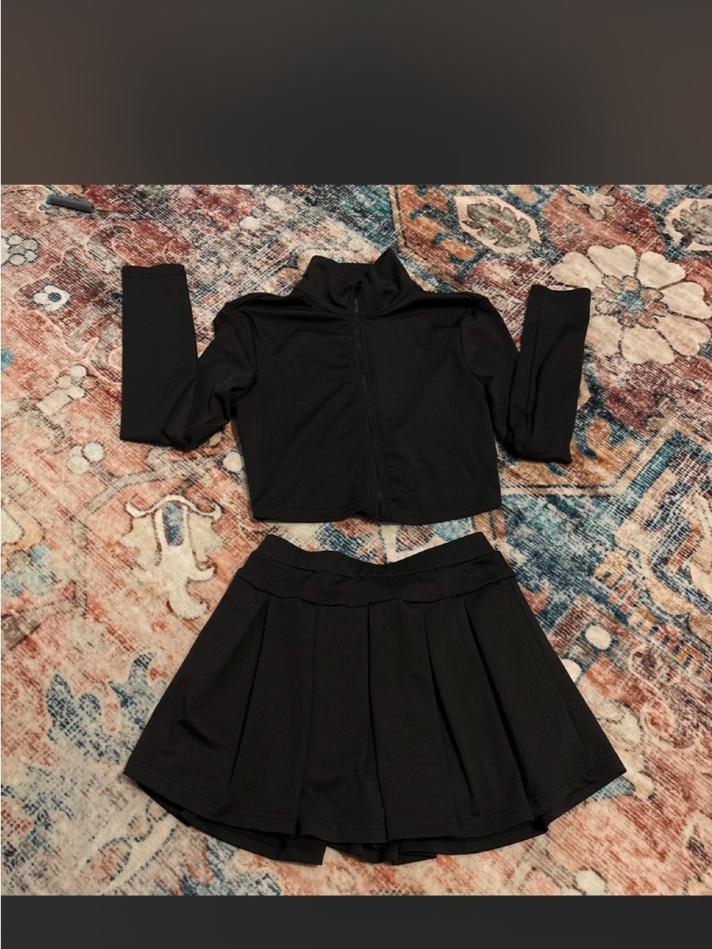 Black Women's Pleated Skirt with Cropped Zip Jacket